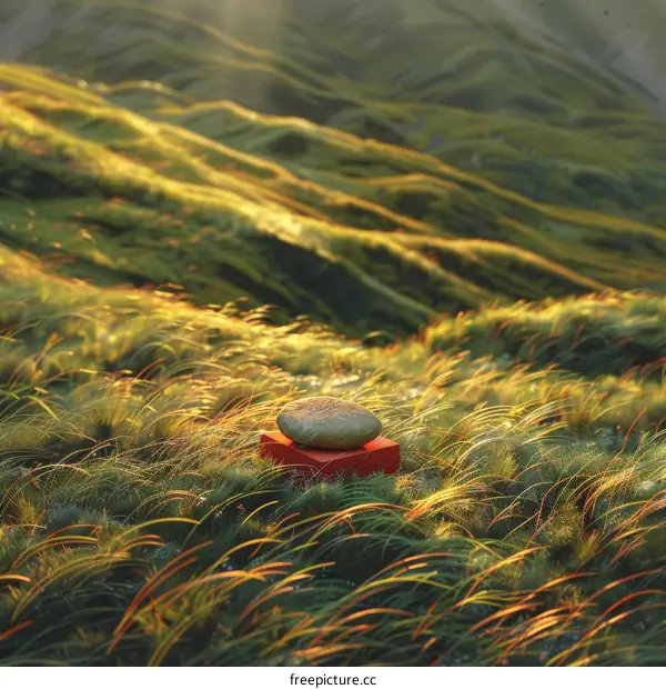 The grass field is vast and the setting sun shines on the stone