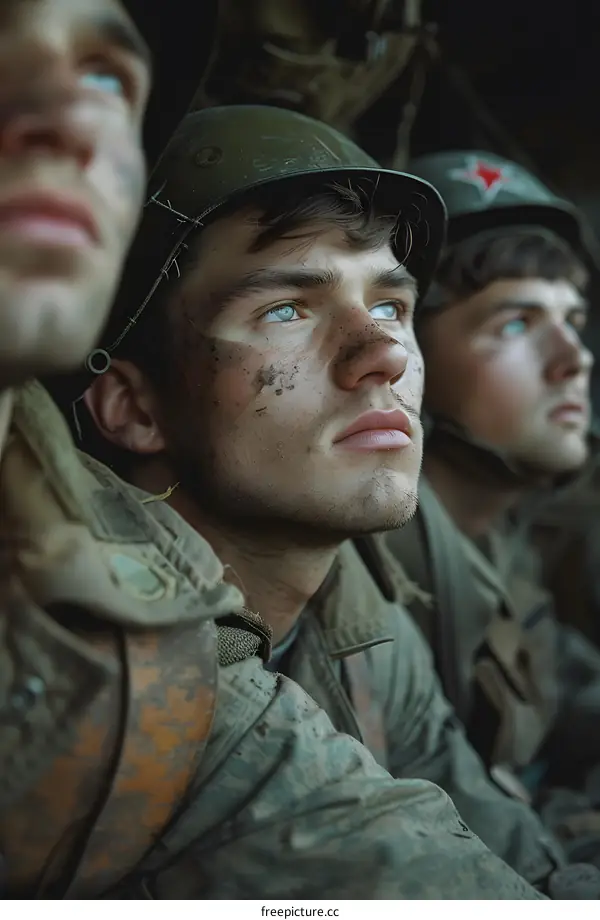 Three soldiers in a foxhole during World War II