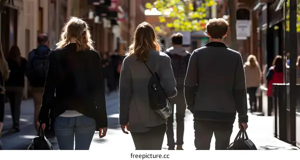 Three People Walking Down a Street in the City
