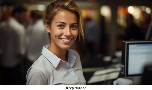 Portrait of a smiling young woman wearing a white shirt standing in a supermarket