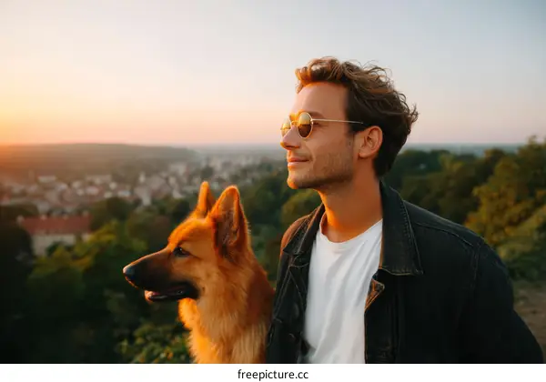Sunset View with a Dog and Man