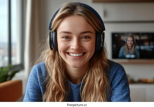 Smiling Woman Wearing Headphones in Video Call