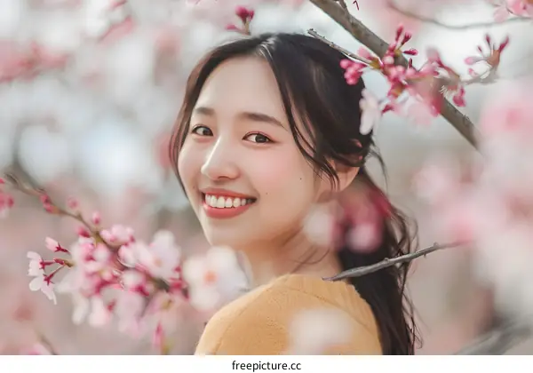 Young Asian Woman Smiling in Cherry Blossoms