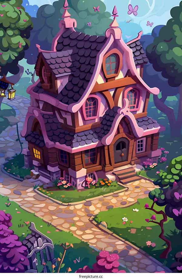 Purple Roof House with a Winding Path and Butterflies