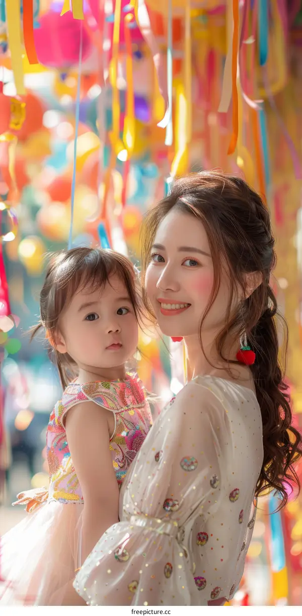 Mother and Daughter Celebrating Mid-Autumn Festival