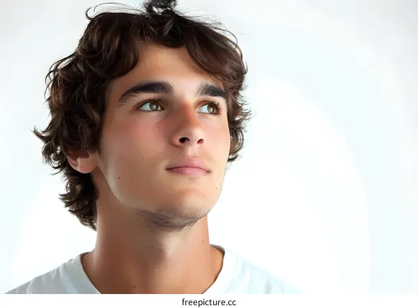 Portrait of a young man with brown hair and light brown eyes looking up thoughtfully