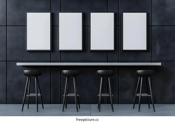 Minimalist Bar Interior Design with Black Stools and Empty Picture Frames