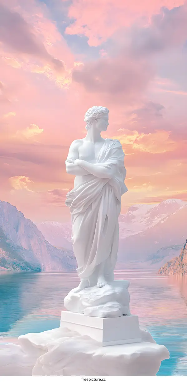 White Marble Statue of a Man Standing on a Rock Against a Pink Sunset Sky