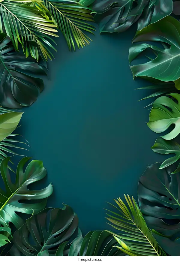 Green Tropical Leaves Frame on Teal Background