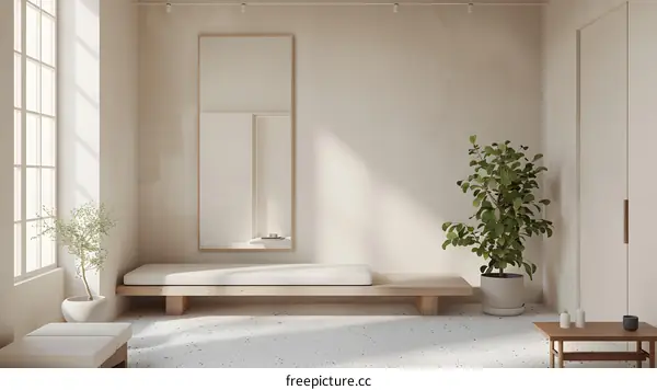 Minimalist Interior Design with White Walls, Wooden Bench, and Plants