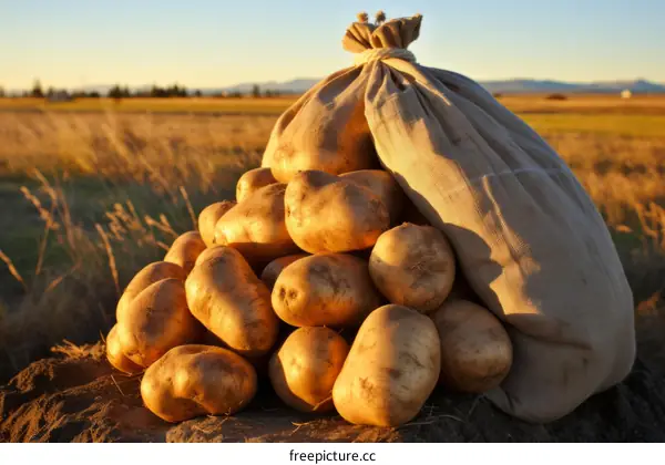 A pile of potatoes with a burlap sack in the background
