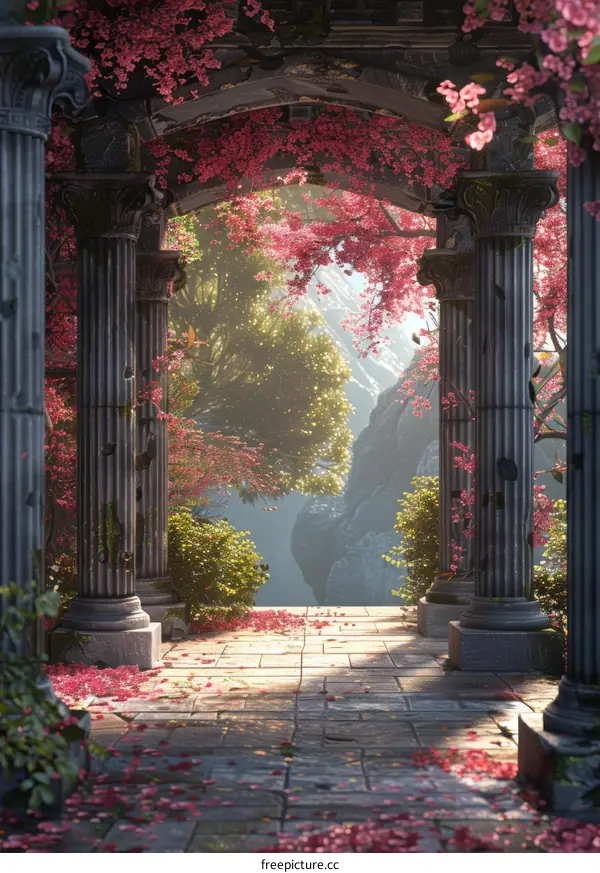 Mystical Flower Archway with Stone Pillars Overgrown by Nature