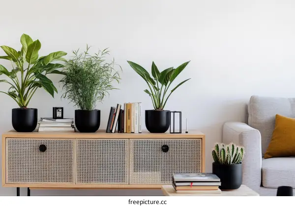 Modern Home Decor with Plants and Wooden Furniture