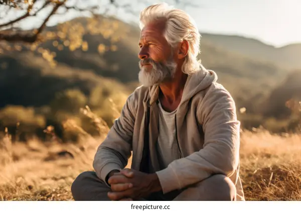 A Contemplative Older Man Sits in a Field of Tall Grass