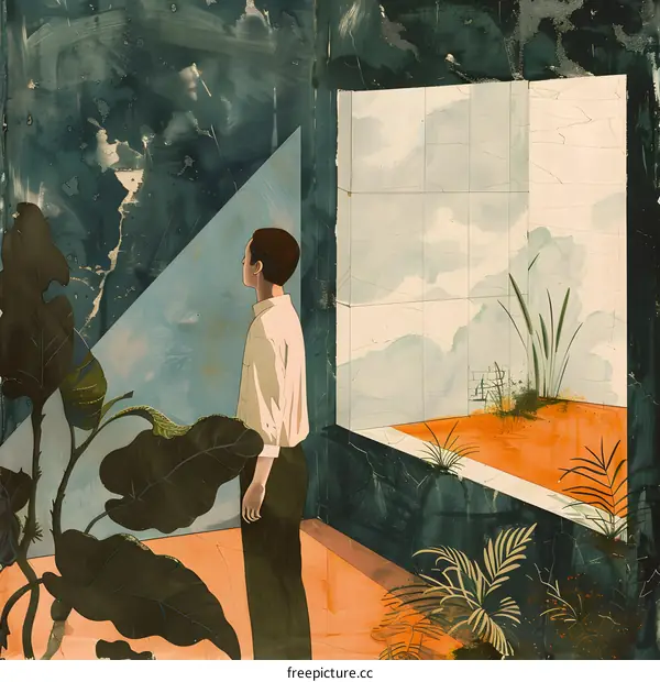 Man Looking Out Window in Room With Plants