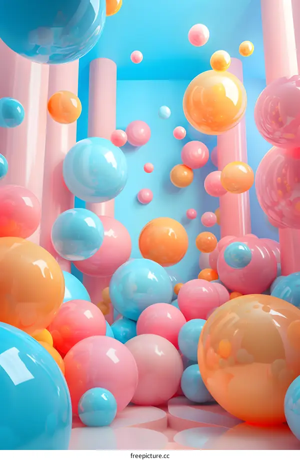 Colorful 3D spheres floating in a pink space