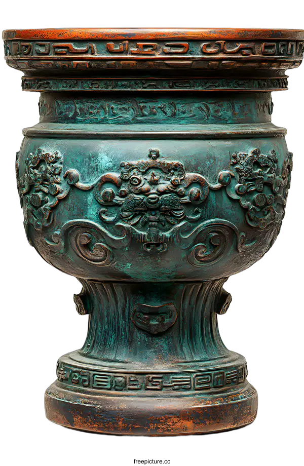 [Transparent Background PNG]Antique Chinese Bronze Urn With Intricate Dragon And Floral Designs