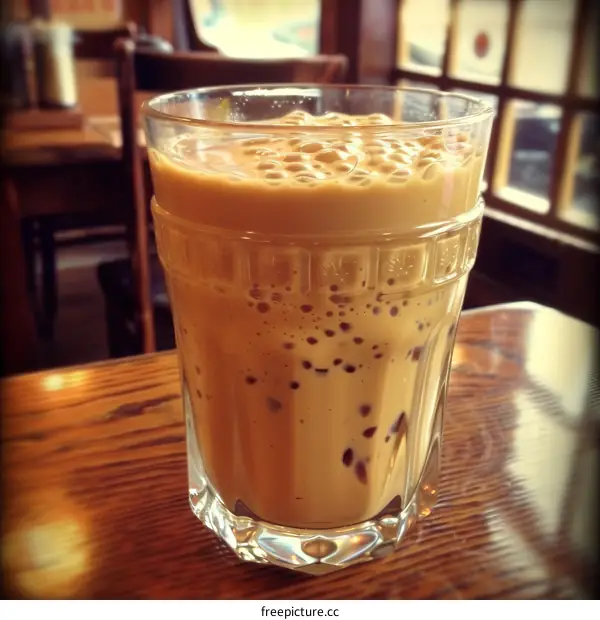 Refreshing Iced Coffee in Glass on Wooden Table