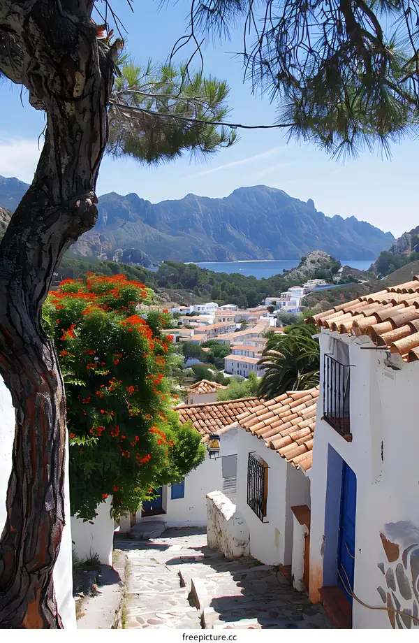 Stone Steps Leading Up to a Hilltop Village in Spain