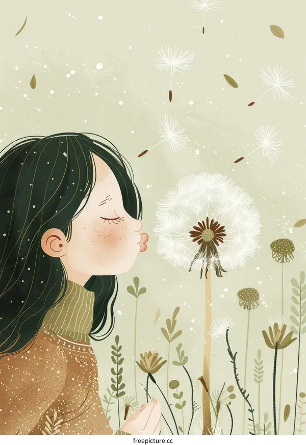 girl blowing dandelion illustration