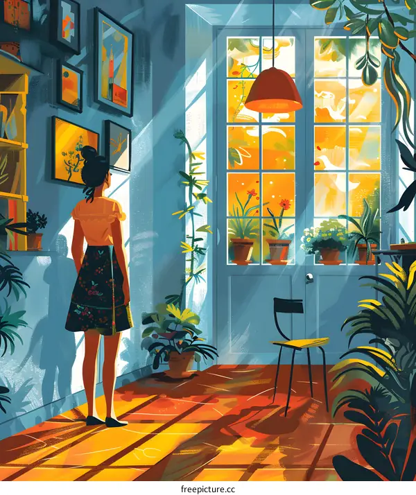 A woman standing in a room with many plants and looking out the window