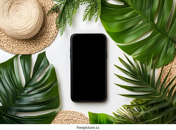 Tropical Leaves and a Black Smartphone on White Background