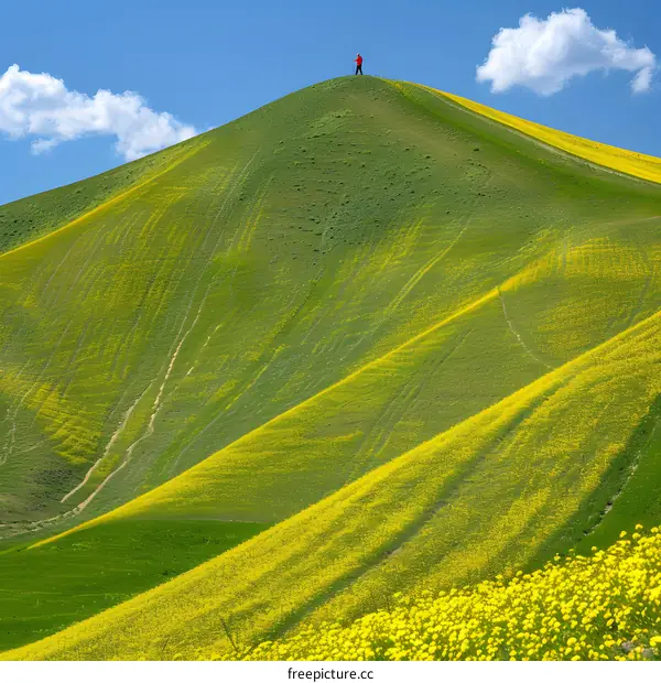 Man Standing on Top of a Hill with Yellow Flowers