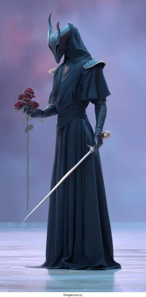 Melancholy Figure Holding a Rose and Sword
