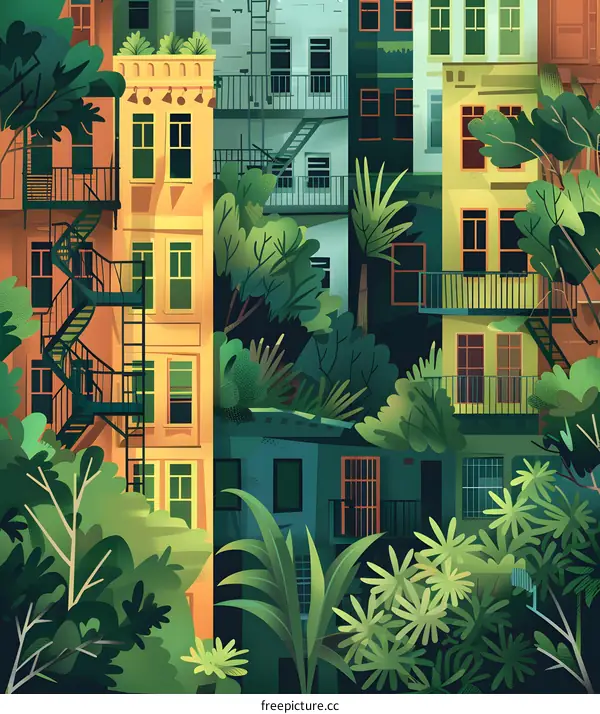 Urban Jungle Illustration with Buildings and Greenery