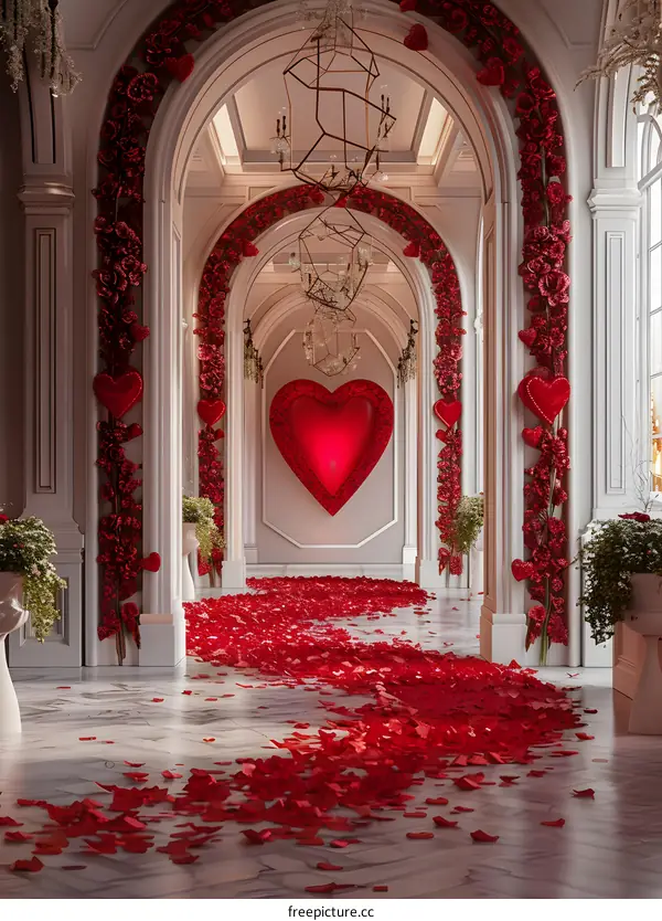 A long廊延伸向尽头的心形拱门，红玫瑰花瓣铺满一地