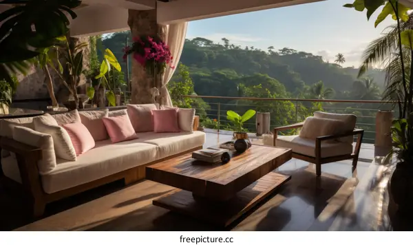 Modern Bohemian Living Room Overlooking Tropical Oasis