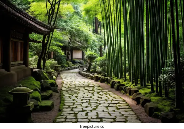 Stone Path Through a Serene Bamboo Forest Garden
