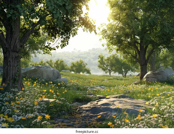 Vibrant Trees and Flowers in a Tranquil Field