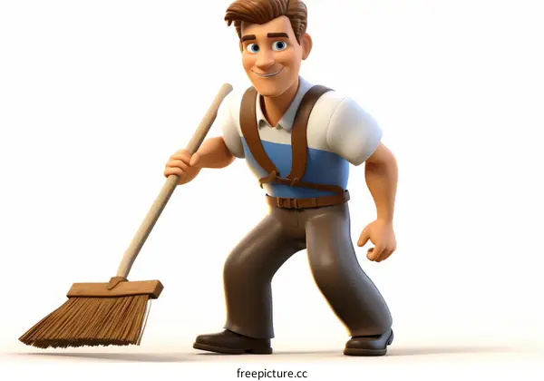 Cartoon Janitor Holding Broom