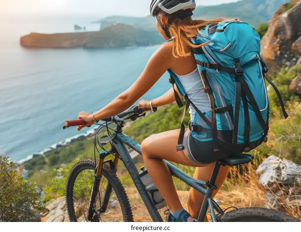 Woman Mountain Biking on a Cliff Overlooking the Ocean