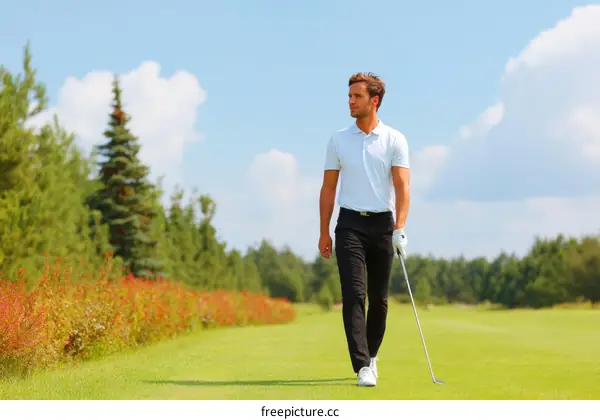 A Young Man Walking on a Green Golf Course with Clubs
