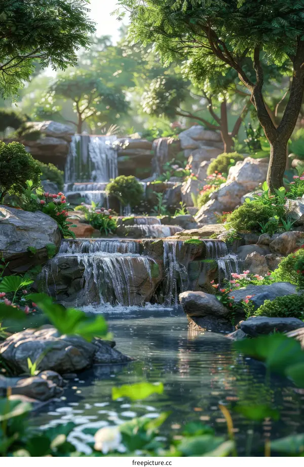 Lush Mountain Greenery with Cascading Waterfalls and Blue Sky