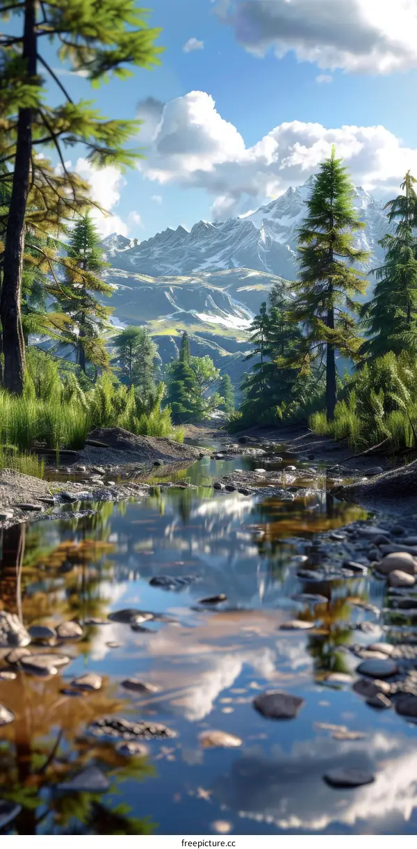 Mountain Stream Flows Through Dense Lush Forest Landscape