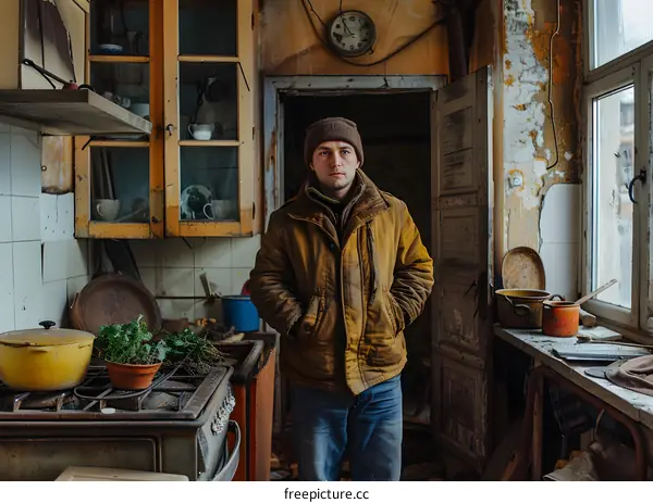 A man standing in a kitchen with a yellow wall and a broken window