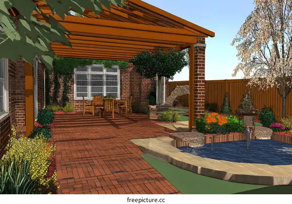 Backyard Patio Design with Pergola, Brick Pavers, and Water Feature