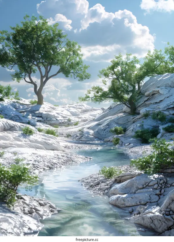 Small river flowing through rocky snow field in winter landscape