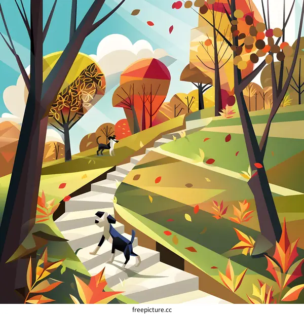 Autumn Scene with Two Dogs Walking Up Stairs in a Park