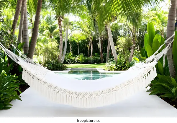 White Hammock Hanging Between Palm Trees in a Tropical Garden