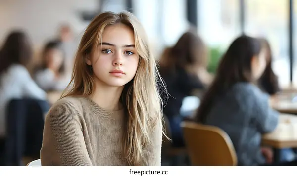 Teenage Girl in Cafe with Defocused Background
