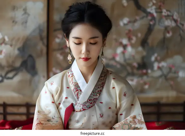 Portrait of a young woman in traditional Korean dress, or Hanbok