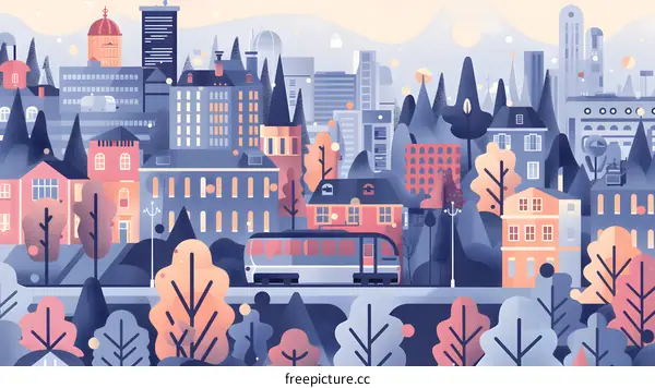 Cityscape Illustration with Train and Buildings