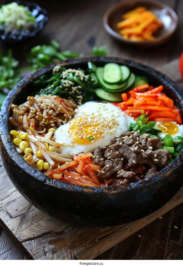 Korean Bibimbap Rice Bowl with Vegetables, Beef, Egg, and Kimchi