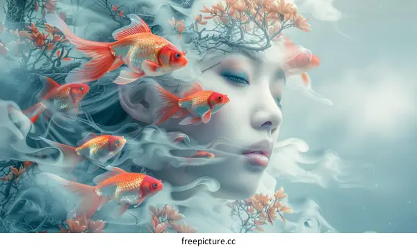 An ethereal portrait of a woman with goldfish swimming around her head