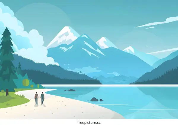 Two People Walking on a Beach with Mountains in the Background