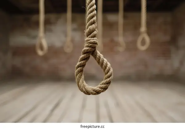A noose hangs in an empty room